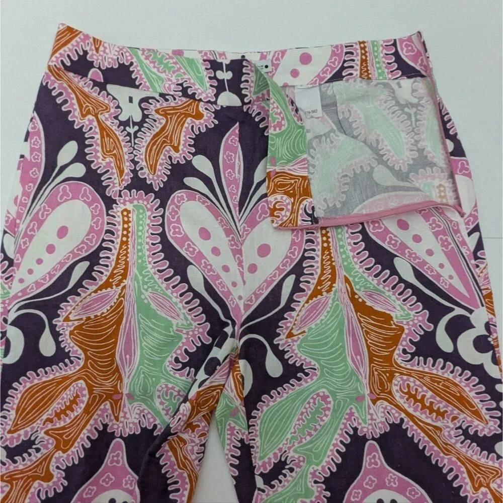 Zara Linen Blend Multicolor Wide Leg Long Pants High Rise 70s Hippie Boho Tall L